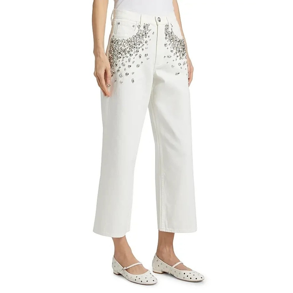 Rag & Bone The Andi Embellished High Rise Ankle Wide Leg Jeans 26 White Jewel - Picture 2 of 12